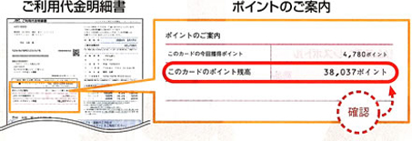 ご利用代金明細の表面掲載の「ポイントのご案内」でポイント残高をご確認ください